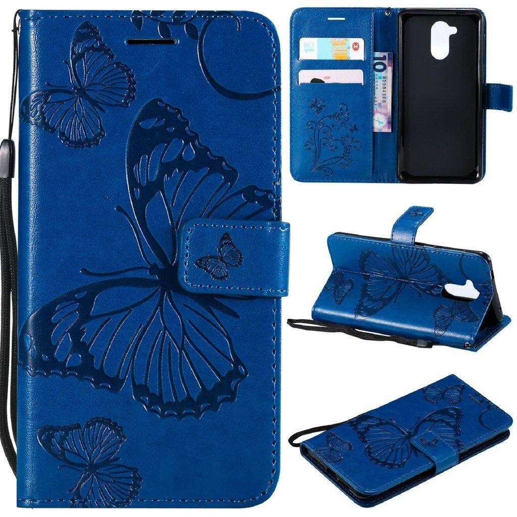 Huawei Honor 6c Coque, Saturcase Papillon Gaufrage Pu Cuir Magnétique Flip Portefeuille Support Porte-Carte Protecteur Housse Étui Avec Dragonne Pour Huawei Honor 6c (Bleu)