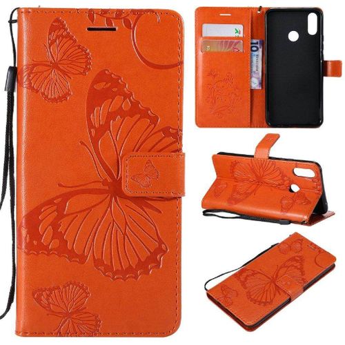 Saturcase Coque Pour Huawei P Smart Plus, Papillon Gaufrage Pu Cuir Magnétique Flip Portefeuille Support Porte-Carte Protecteur Housse Étui Avec Dragonne Pour Huawei P Smart Plus (Orange)