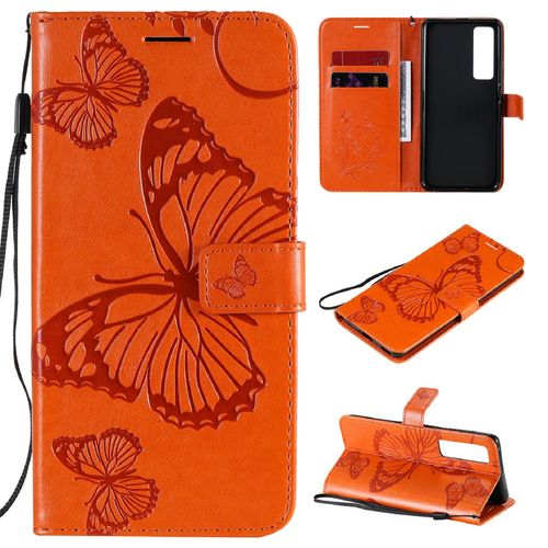 Saturcase Coque Pour Huawei Nova 7 Pro, Papillon Gaufrage Pu Cuir Magnétique Flip Portefeuille Support Porte-Carte Protecteur Housse Étui Avec Dragonne Pour Huawei Nova 7 Pro (Orange)