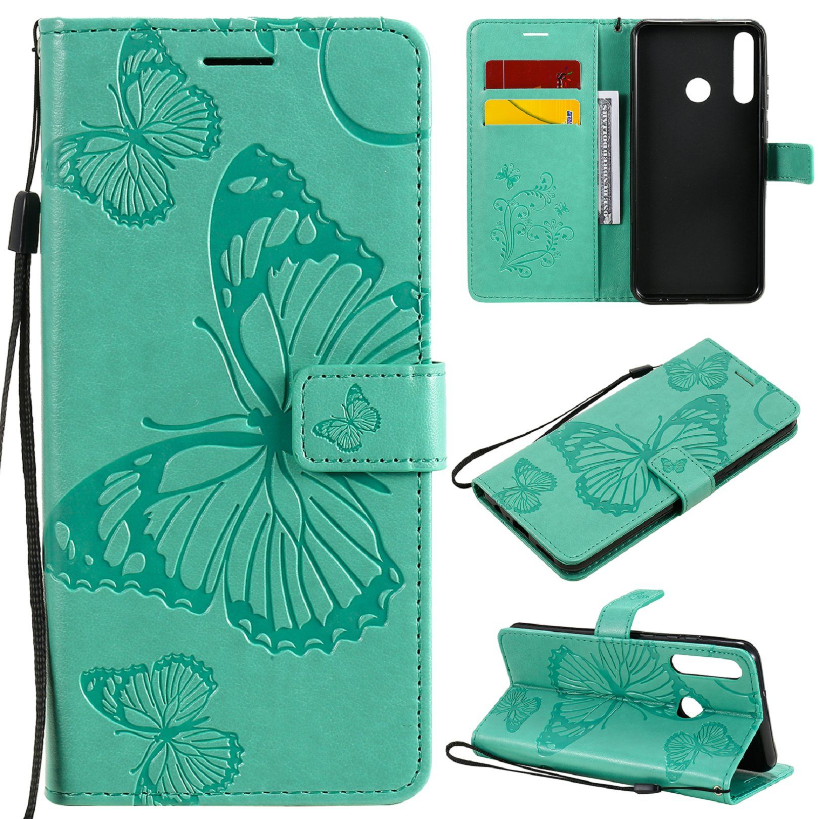Saturcase Coque Pour Huawei Y6p, Papillon Gaufrage Pu Cuir Magnétique Flip Portefeuille Support Porte-Carte Protecteur Housse Étui Avec Dragonne Pour Huawei Y6p (Vert)