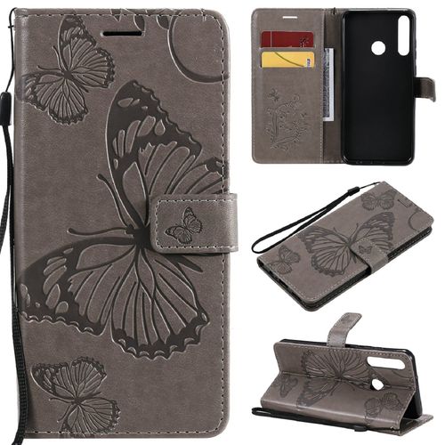 Saturcase Coque Pour Huawei Y6p, Papillon Gaufrage Pu Cuir Magnétique Flip Portefeuille Support Porte-Carte Protecteur Housse Étui Avec Dragonne Pour Huawei Y6p (Gris)