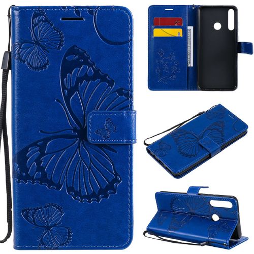 Saturcase Coque Pour Huawei Y6p, Papillon Gaufrage Pu Cuir Magnétique Flip Portefeuille Support Porte-Carte Protecteur Housse Étui Avec Dragonne Pour Huawei Y6p (Bleu)