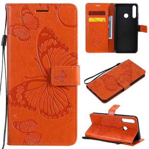 Saturcase Coque Pour Huawei Y6p, Papillon Gaufrage Pu Cuir Magnétique Flip Portefeuille Support Porte-Carte Protecteur Housse Étui Avec Dragonne Pour Huawei Y6p (Orange)