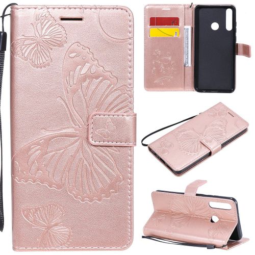 Saturcase Coque Pour Huawei Y6p, Papillon Gaufrage Pu Cuir Magnétique Flip Portefeuille Support Porte-Carte Protecteur Housse Étui Avec Dragonne Pour Huawei Y6p (Or Rose)