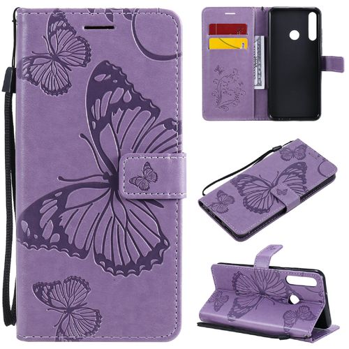 Saturcase Coque Pour Huawei Y6p, Papillon Gaufrage Pu Cuir Magnétique Flip Portefeuille Support Porte-Carte Protecteur Housse Étui Avec Dragonne Pour Huawei Y6p (Violet)