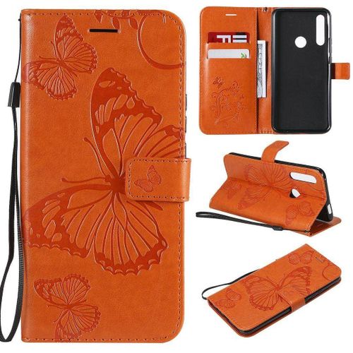 Saturcase Coque Pour Huawei P Smart Z, Papillon Gaufrage Pu Cuir Magnétique Flip Portefeuille Support Porte-Carte Protecteur Housse Étui Avec Dragonne Pour Huawei P Smart Z (Orange)