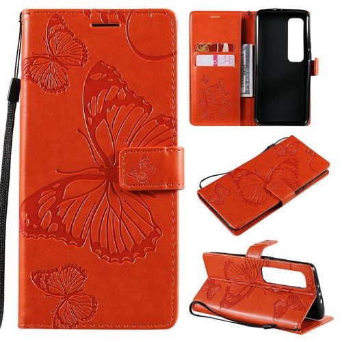 Saturcase Coque Pour Xiaomi Mi 10 Ultra, Papillon Gaufrage Pu Cuir Magnétique Flip Portefeuille Support Porte-Carte Protecteur Housse Étui Avec Dragonne Pour Xiaomi Mi 10 Ultra (Orange)