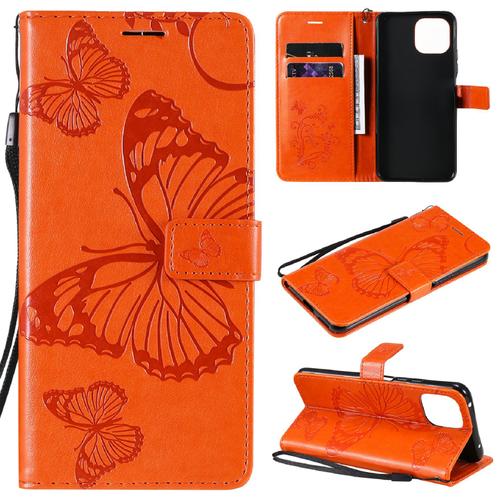 Saturcase Coque Pour Xiaomi Mi 11 Lite 5g, Papillon Gaufrage Pu Cuir Magnétique Flip Portefeuille Support Porte-Carte Protecteur Housse Étui Avec Dragonne Pour Xiaomi Mi 11 Lite 5g (Orange)