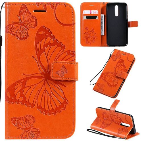 Saturcase Coque Pour Xiaomi Redmi 8, Papillon Gaufrage Pu Cuir Magnétique Flip Portefeuille Support Porte-Carte Protecteur Housse Étui Avec Dragonne Pour Xiaomi Redmi 8 (Orange)