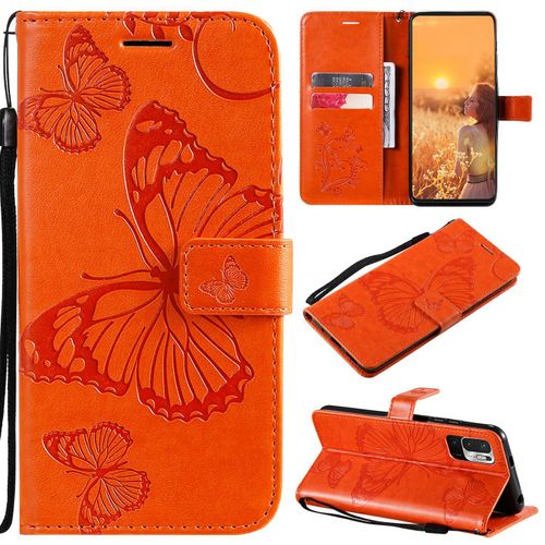 Saturcase Coque Pour Xiaomi Redmi Note 10 5g, Papillon Gaufrage Pu Cuir Magnétique Flip Portefeuille Support Porte-Carte Protecteur Housse Étui Avec Dragonne Pour Xiaomi Redmi Note 10 5g (Orange)