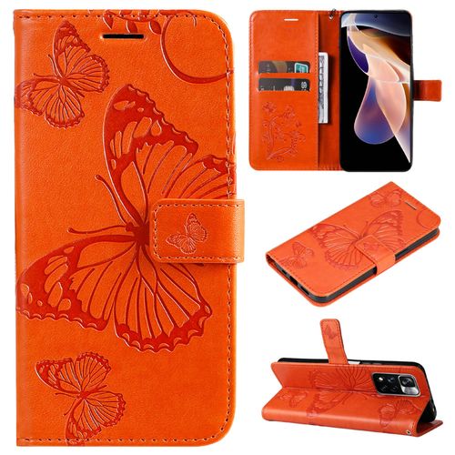 Saturcase Coque Pour Xiaomi Redmi Note 11 Pro, Papillon Gaufrage Pu Cuir Magnétique Flip Portefeuille Support Porte-Carte Protecteur Housse Étui Avec Dragonne Pour Xiaomi Redmi Note 11 Pro (Orange)