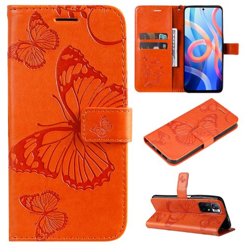 Saturcase Coque Pour Xiaomi Redmi Note 11, Papillon Gaufrage Pu Cuir Magnétique Flip Portefeuille Support Porte-Carte Protecteur Housse Étui Avec Dragonne Pour Xiaomi Redmi Note 11 (Orange)