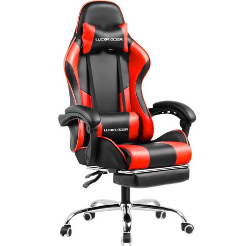 Luckracer Chaise Gaming Repose Pieds Coussin Lombaire De Massage Fauteuil De Bureau Ergonomique Et Pivotant Avec Accoudoirs Synchronisés (Rouge)