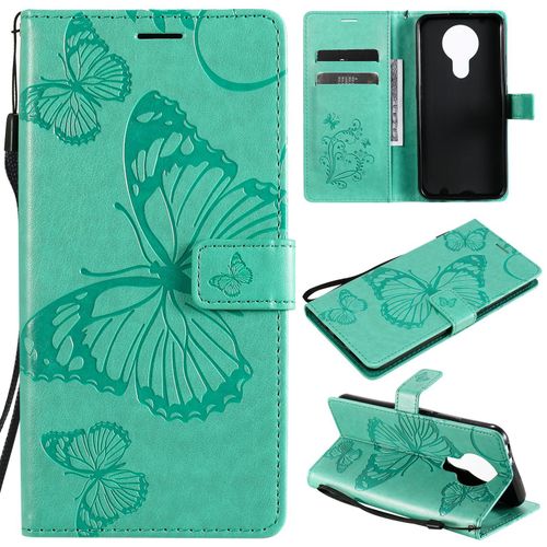 Saturcase Coque Pour Nokia 3.4, Papillon Gaufrage Pu Cuir Magnétique Flip Portefeuille Support Porte-Carte Protecteur Housse Étui Avec Dragonne Pour Nokia 3.4 (Vert)
