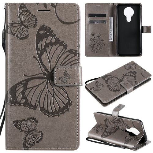 Saturcase Coque Pour Nokia 3.4, Papillon Gaufrage Pu Cuir Magnétique Flip Portefeuille Support Porte-Carte Protecteur Housse Étui Avec Dragonne Pour Nokia 3.4 (Gris)