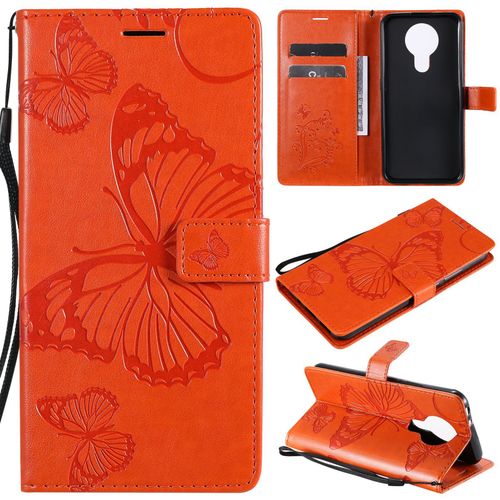 Saturcase Coque Pour Nokia 3.4, Papillon Gaufrage Pu Cuir Magnétique Flip Portefeuille Support Porte-Carte Protecteur Housse Étui Avec Dragonne Pour Nokia 3.4 (Orange)