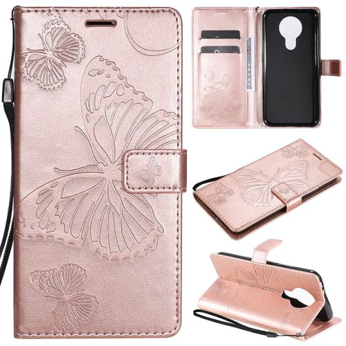 Saturcase Coque Pour Nokia 3.4, Papillon Gaufrage Pu Cuir Magnétique Flip Portefeuille Support Porte-Carte Protecteur Housse Étui Avec Dragonne Pour Nokia 3.4 (Or Rose)