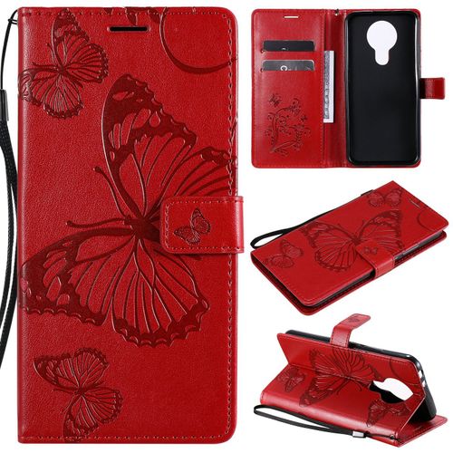 Saturcase Coque Pour Nokia 3.4, Papillon Gaufrage Pu Cuir Magnétique Flip Portefeuille Support Porte-Carte Protecteur Housse Étui Avec Dragonne Pour Nokia 3.4 (Rouge)
