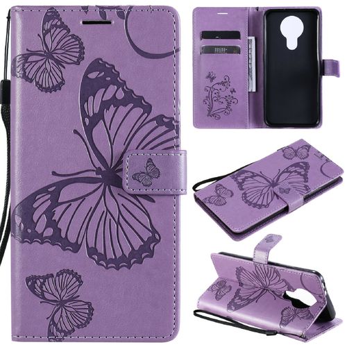 Saturcase Coque Pour Nokia 3.4, Papillon Gaufrage Pu Cuir Magnétique Flip Portefeuille Support Porte-Carte Protecteur Housse Étui Avec Dragonne Pour Nokia 3.4 (Violet)