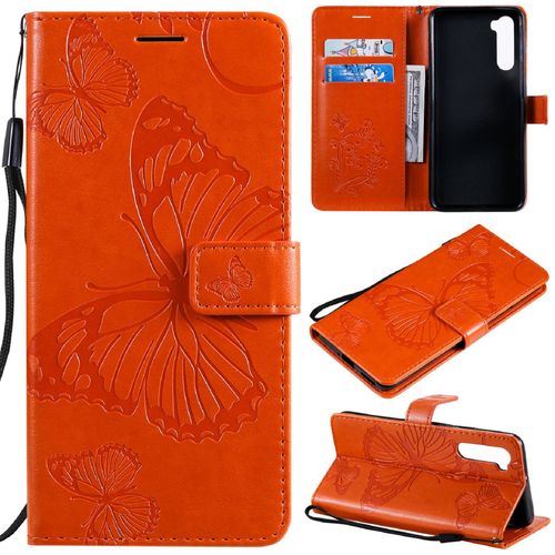Saturcase Coque Pour Oneplus Nord, Papillon Gaufrage Pu Cuir Magnétique Flip Portefeuille Support Porte-Carte Protecteur Housse Étui Avec Dragonne Pour Oneplus Nord (Orange)
