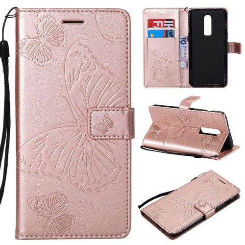 Oneplus 6 Coque, Saturcase Papillon Gaufrage Pu Cuir Magnétique Flip Portefeuille Support Porte-Carte Protecteur Housse Étui Avec Dragonne Pour Oneplus 6 (Or Rose)