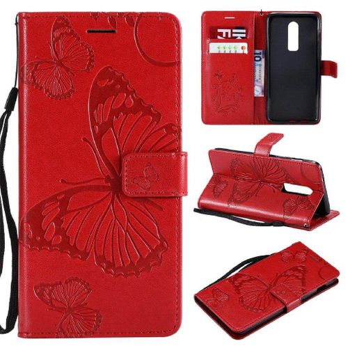 Oneplus 6 Coque, Saturcase Papillon Gaufrage Pu Cuir Magnétique Flip Portefeuille Support Porte-Carte Protecteur Housse Étui Avec Dragonne Pour Oneplus 6 (Rouge)