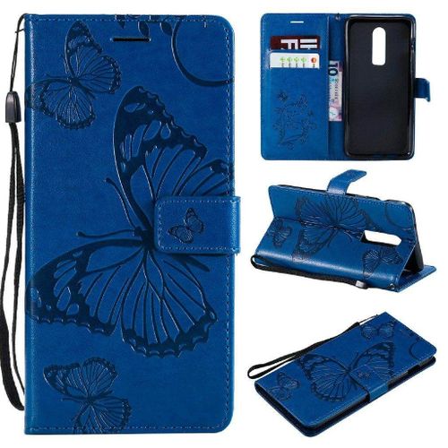 Oneplus 6 Coque, Saturcase Papillon Gaufrage Pu Cuir Magnétique Flip Portefeuille Support Porte-Carte Protecteur Housse Étui Avec Dragonne Pour Oneplus 6 (Bleu)