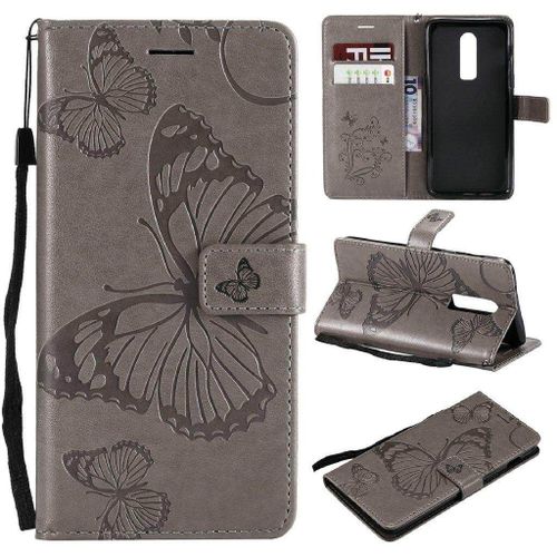 Oneplus 6 Coque, Saturcase Papillon Gaufrage Pu Cuir Magnétique Flip Portefeuille Support Porte-Carte Protecteur Housse Étui Avec Dragonne Pour Oneplus 6 (Gris)