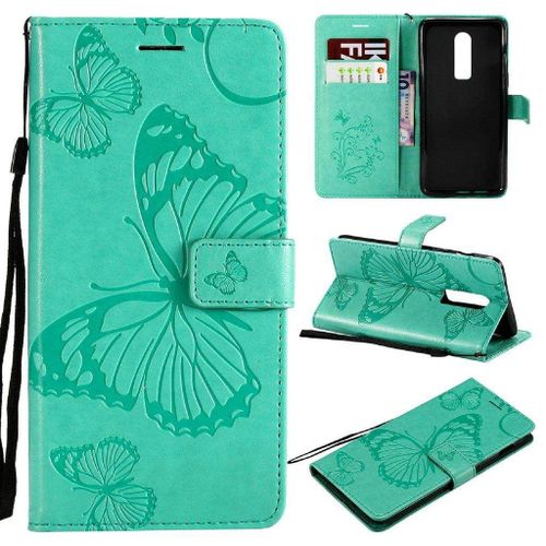 Oneplus 6 Coque, Saturcase Papillon Gaufrage Pu Cuir Magnétique Flip Portefeuille Support Porte-Carte Protecteur Housse Étui Avec Dragonne Pour Oneplus 6 (Vert)