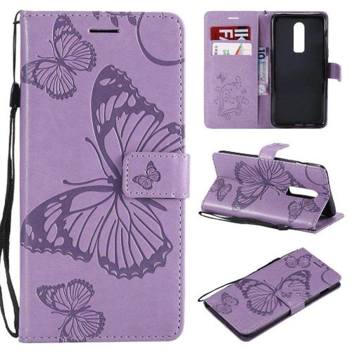 Oneplus 6 Coque, Saturcase Papillon Gaufrage Pu Cuir Magnétique Flip Portefeuille Support Porte-Carte Protecteur Housse Étui Avec Dragonne Pour Oneplus 6 (Violet)