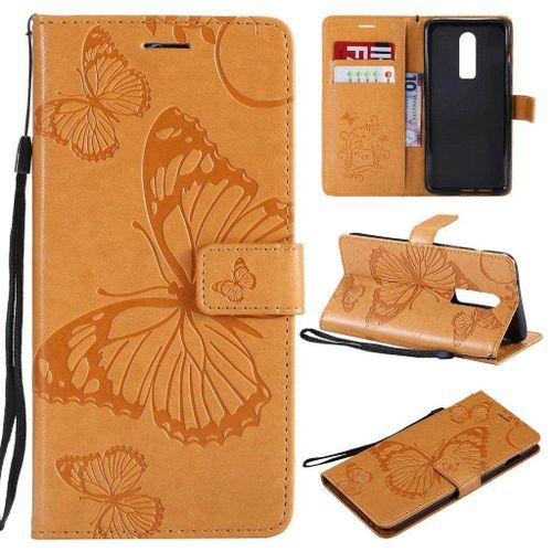 Oneplus 6 Coque, Saturcase Papillon Gaufrage Pu Cuir Magnétique Flip Portefeuille Support Porte-Carte Protecteur Housse Étui Avec Dragonne Pour Oneplus 6 (Jaune)