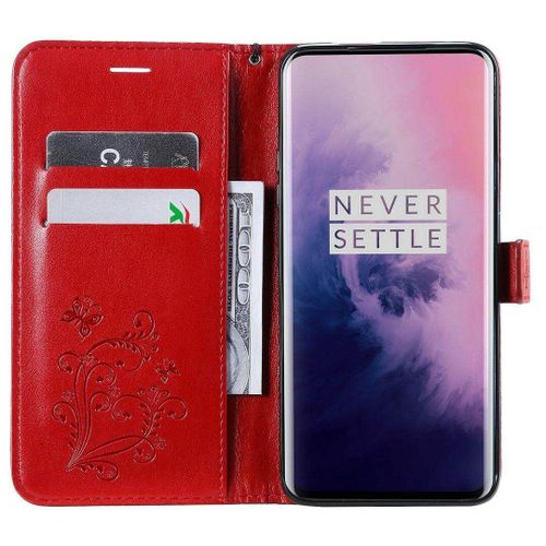 Saturcase Coque Pour Oneplus 7 Pro, Papillon Gaufrage Pu Cuir Magnétique Flip Portefeuille Support Porte-Carte Protecteur Housse Étui Avec Dragonne Pour Oneplus 7 Pro (Rouge)