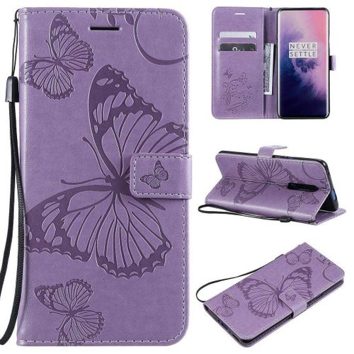 Saturcase Coque Pour Oneplus 7 Pro, Papillon Gaufrage Pu Cuir Magnétique Flip Portefeuille Support Porte-Carte Protecteur Housse Étui Avec Dragonne Pour Oneplus 7 Pro (Violet)