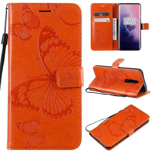 Saturcase Coque Pour Oneplus 7 Pro, Papillon Gaufrage Pu Cuir Magnétique Flip Portefeuille Support Porte-Carte Protecteur Housse Étui Avec Dragonne Pour Oneplus 7 Pro (Orange)
