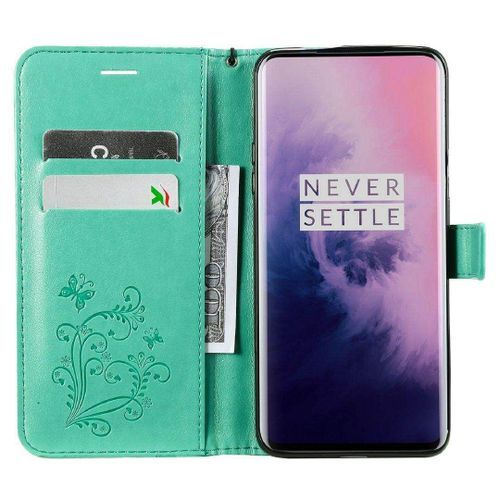Saturcase Coque Pour Oneplus 7 Pro, Papillon Gaufrage Pu Cuir Magnétique Flip Portefeuille Support Porte-Carte Protecteur Housse Étui Avec Dragonne Pour Oneplus 7 Pro (Vert)