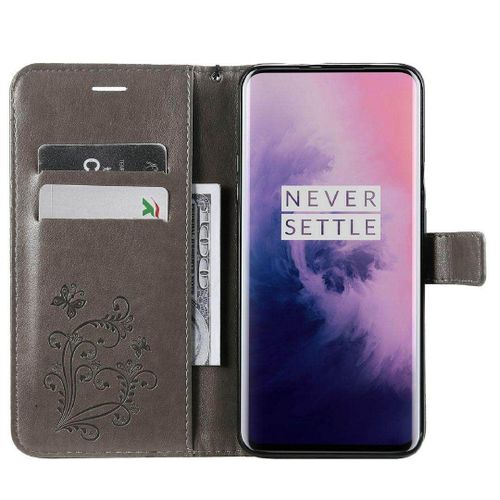Saturcase Coque Pour Oneplus 7 Pro, Papillon Gaufrage Pu Cuir Magnétique Flip Portefeuille Support Porte-Carte Protecteur Housse Étui Avec Dragonne Pour Oneplus 7 Pro (Gris)