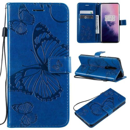 Saturcase Coque Pour Oneplus 7 Pro, Papillon Gaufrage Pu Cuir Magnétique Flip Portefeuille Support Porte-Carte Protecteur Housse Étui Avec Dragonne Pour Oneplus 7 Pro (Bleu)