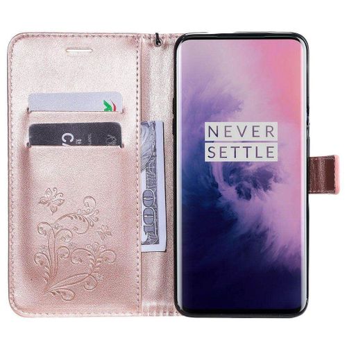 Saturcase Coque Pour Oneplus 7 Pro, Papillon Gaufrage Pu Cuir Magnétique Flip Portefeuille Support Porte-Carte Protecteur Housse Étui Avec Dragonne Pour Oneplus 7 Pro (Or Rose)