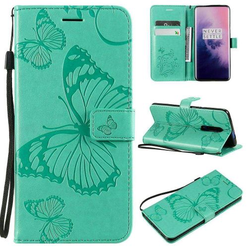 Saturcase Coque Pour Oneplus 7t Pro, Papillon Gaufrage Pu Cuir Magnétique Flip Portefeuille Support Porte-Carte Protecteur Housse Étui Avec Dragonne Pour Oneplus 7t Pro (Vert)