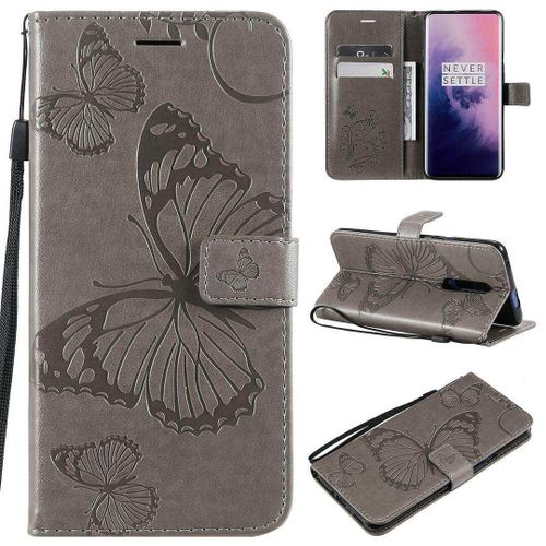 Saturcase Coque Pour Oneplus 7t Pro, Papillon Gaufrage Pu Cuir Magnétique Flip Portefeuille Support Porte-Carte Protecteur Housse Étui Avec Dragonne Pour Oneplus 7t Pro (Gris)