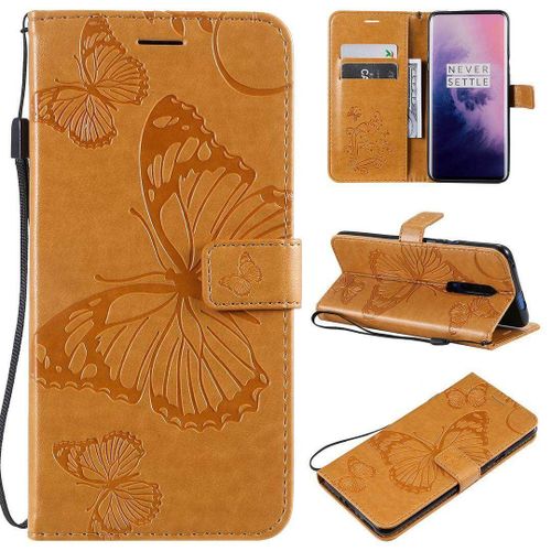 Saturcase Coque Pour Oneplus 7 Pro, Papillon Gaufrage Pu Cuir Magnétique Flip Portefeuille Support Porte-Carte Protecteur Housse Étui Avec Dragonne Pour Oneplus 7 Pro (Jaune)