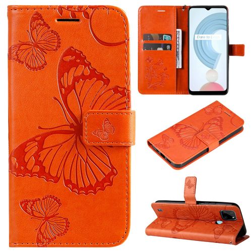 Saturcase Coque Pour Realme C21y, Papillon Gaufrage Pu Cuir Magnétique Flip Portefeuille Support Porte-Carte Protecteur Housse Étui Avec Dragonne Pour Realme C21y (Orange)