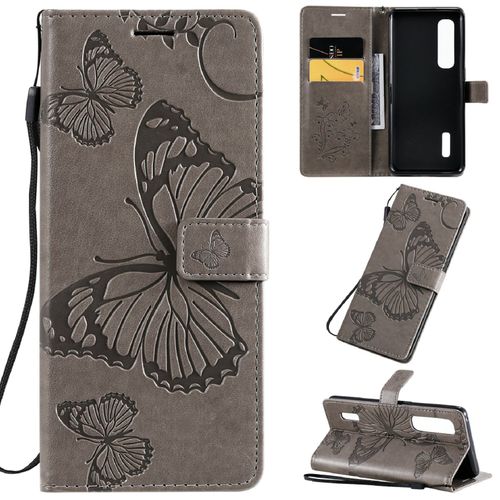 Saturcase Coque Pour Oppo Find X2 Pro, Papillon Gaufrage Pu Cuir Magnétique Flip Portefeuille Support Porte-Carte Protecteur Housse Étui Avec Dragonne Pour Oppo Find X2 Pro (Gris)