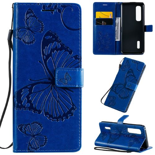 Saturcase Coque Pour Oppo Find X2 Pro, Papillon Gaufrage Pu Cuir Magnétique Flip Portefeuille Support Porte-Carte Protecteur Housse Étui Avec Dragonne Pour Oppo Find X2 Pro (Bleu)