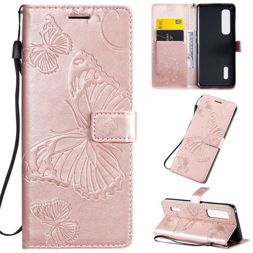 Saturcase Coque Pour Oppo Find X2 Pro, Papillon Gaufrage Pu Cuir Magnétique Flip Portefeuille Support Porte-Carte Protecteur Housse Étui Avec Dragonne Pour Oppo Find X2 Pro (Or Rose)