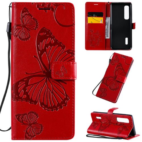 Saturcase Coque Pour Oppo Find X2 Pro, Papillon Gaufrage Pu Cuir Magnétique Flip Portefeuille Support Porte-Carte Protecteur Housse Étui Avec Dragonne Pour Oppo Find X2 Pro (Rouge)