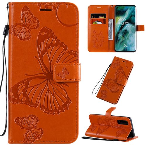 Saturcase Coque Pour Oppo Find X2, Papillon Gaufrage Pu Cuir Magnétique Flip Portefeuille Support Porte-Carte Protecteur Housse Étui Avec Dragonne Pour Oppo Find X2 (Orange)