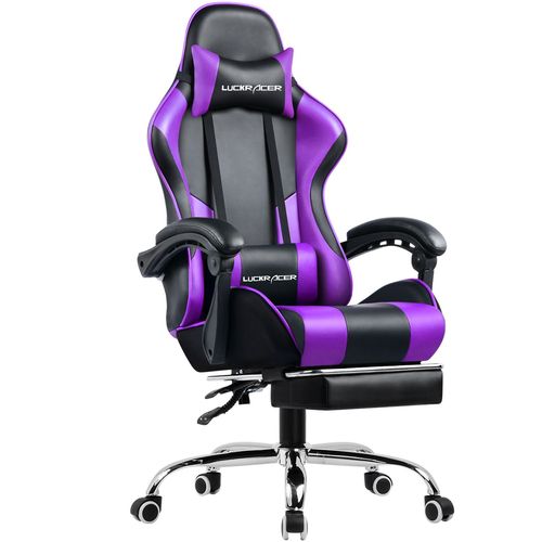 Luckracer Chaise Gaming Repose Pieds Coussin Lombaire De Massage Fauteuil De Bureau Ergonomique Et Pivotant Avec Accoudoirs Synchronisés (Violet)