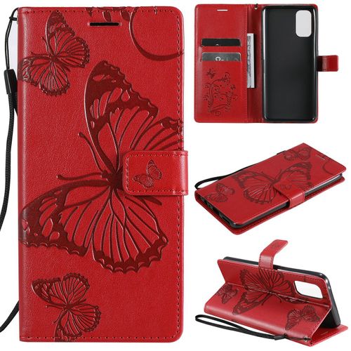 Saturcase Coque Pour Realme 7 Pro, Papillon Gaufrage Pu Cuir Magnétique Flip Portefeuille Support Porte-Carte Protecteur Housse Étui Avec Dragonne Pour Realme 7 Pro (Rouge)