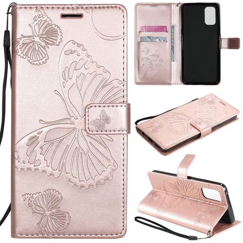 Saturcase Coque Pour Realme 7 Pro, Papillon Gaufrage Pu Cuir Magnétique Flip Portefeuille Support Porte-Carte Protecteur Housse Étui Avec Dragonne Pour Realme 7 Pro (Or Rose)